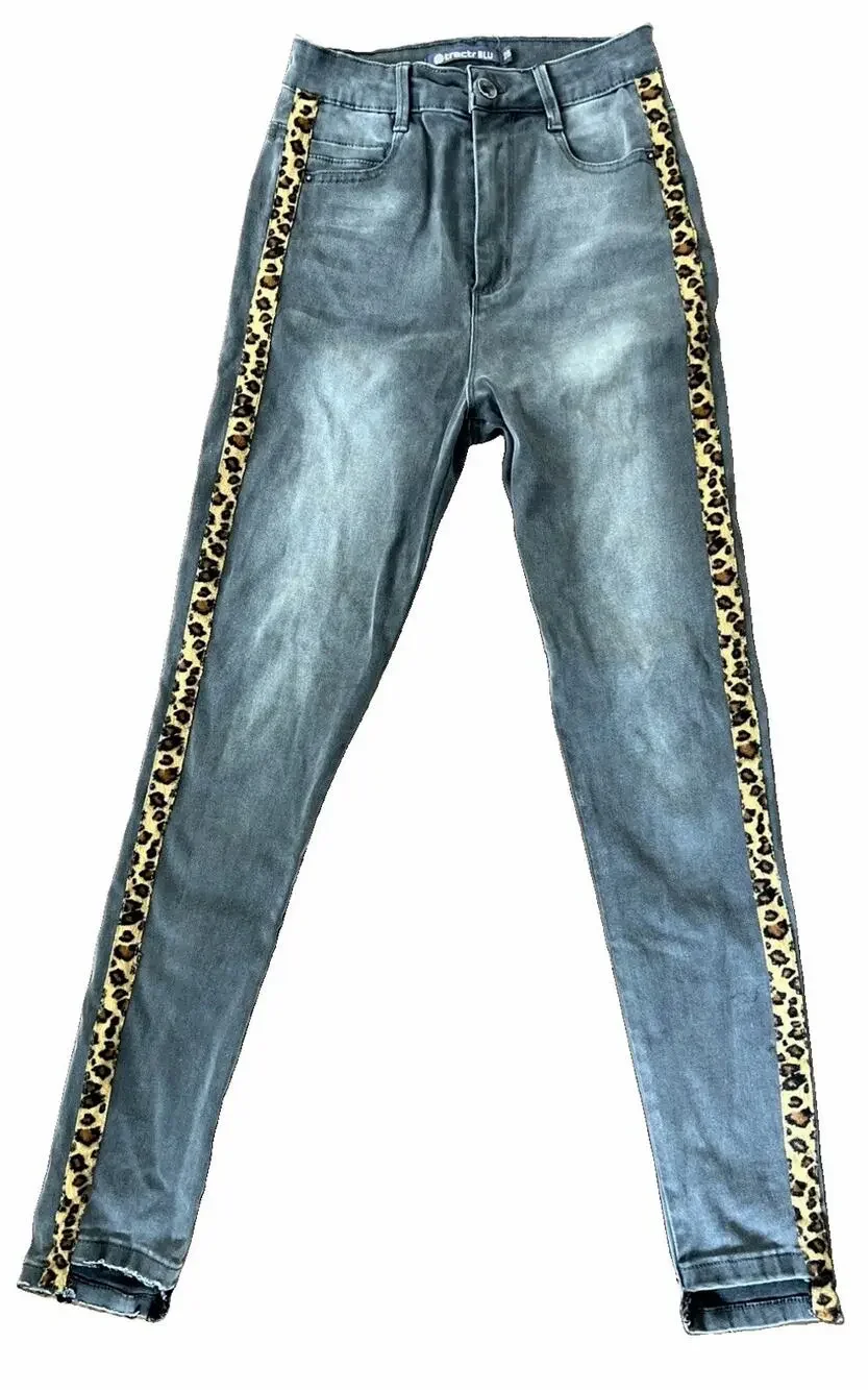 Women’s Y2K Jeans 24”x26” Rockstar Glam Leopard Print Side Raw Edge High Rise